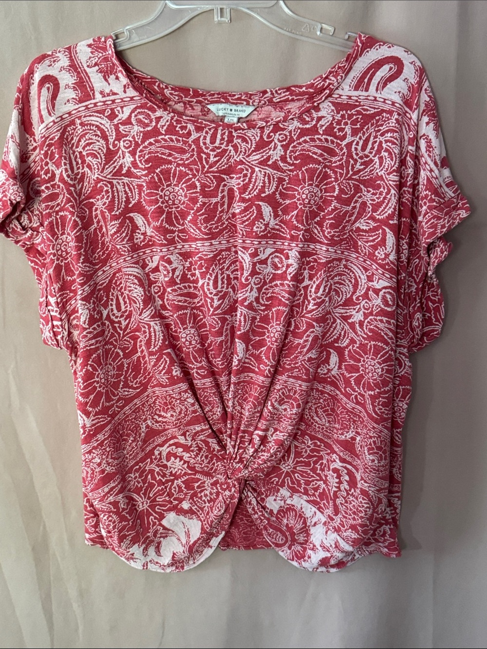 Lucky Brand Red and White Knot-Front Short Sleeve Tee